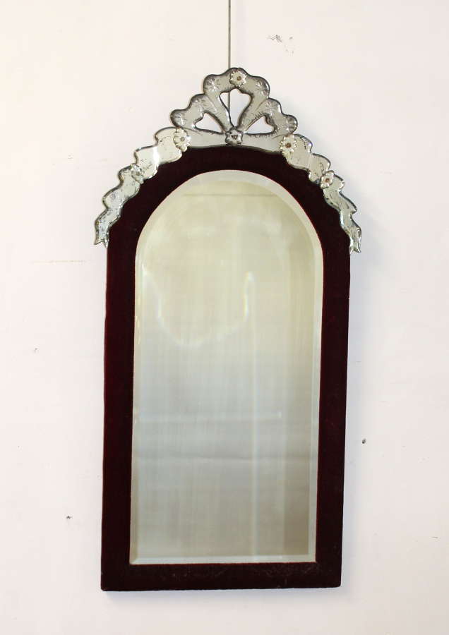19th C mirror with red velvet frame and glass bow