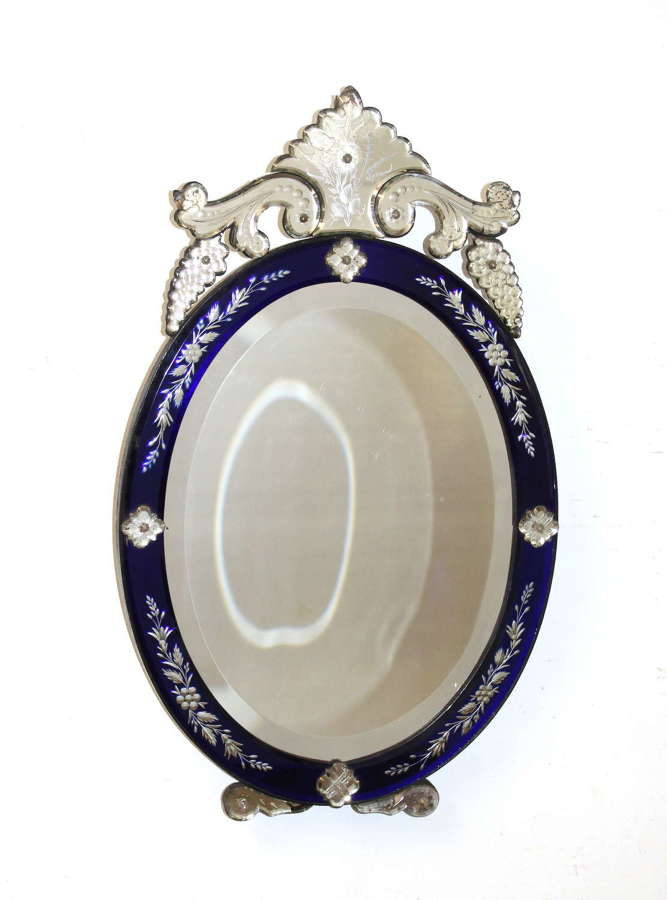 Rare cobalt blue framed antique oval Venetian mirror