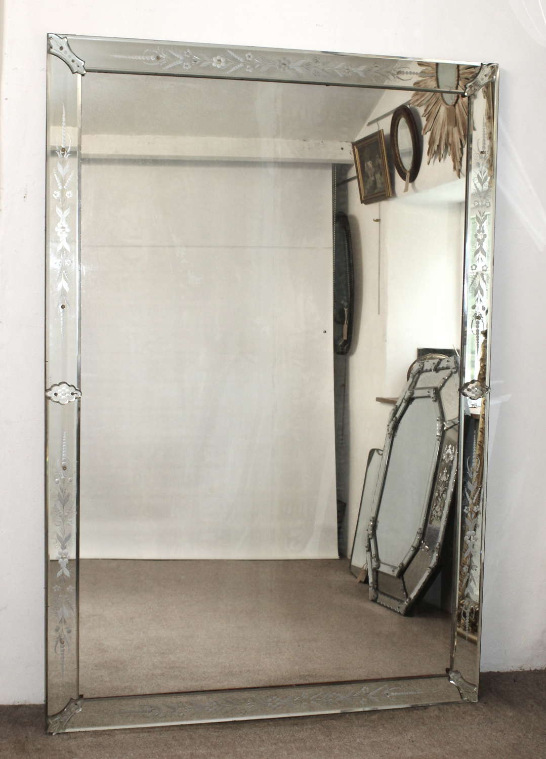 Very large Vintage Venetian mirror with etched frame