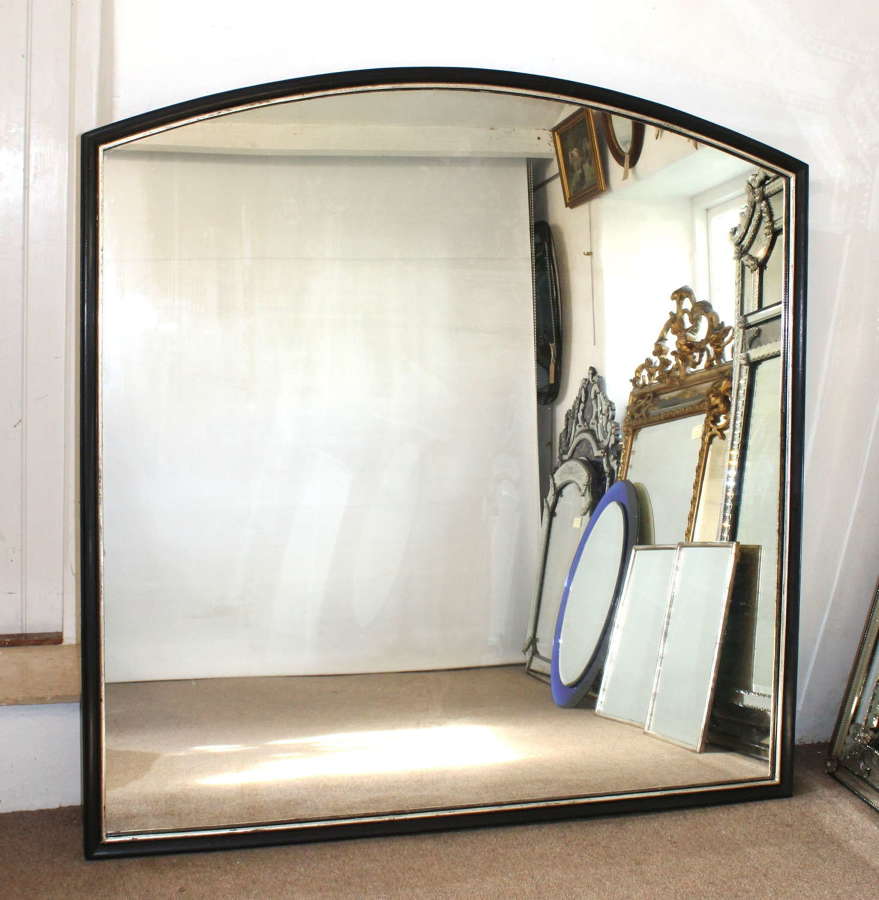 Wide japanned antique arched mirror with silver band