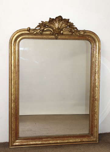 Antique French gilt archtop mirror with cartouche