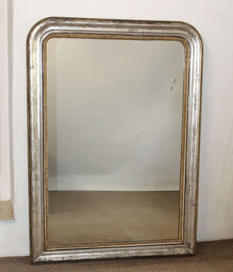 Large antique French etched silver archtop mirror