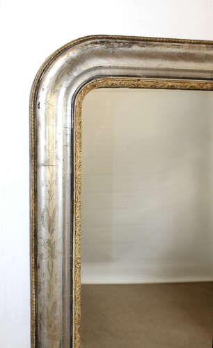 Large antique French etched silver archtop mirror