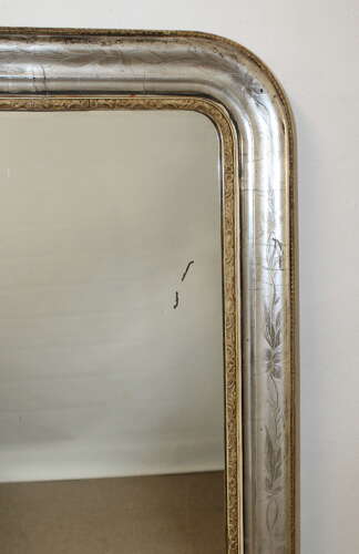 Large antique French etched silver archtop mirror