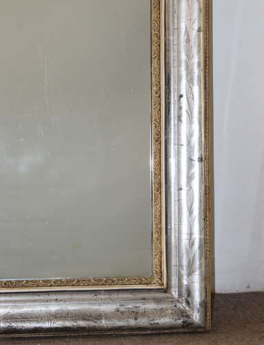 Large antique French etched silver archtop mirror