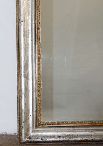 Large antique French etched silver archtop mirror