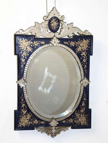 Antique Venetian mirror with midnight blue and gold frame