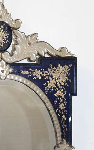 Antique Venetian mirror with midnight blue and gold frame