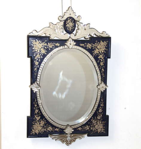 Antique Venetian mirror with midnight blue and gold frame