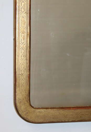 Exquisite Antique French etched gilt mirror with curved corners