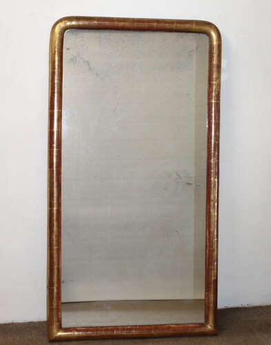 Narrow antique French archtop mirror with watergilt frame