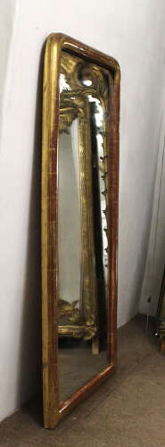 Narrow antique French archtop mirror with watergilt frame
