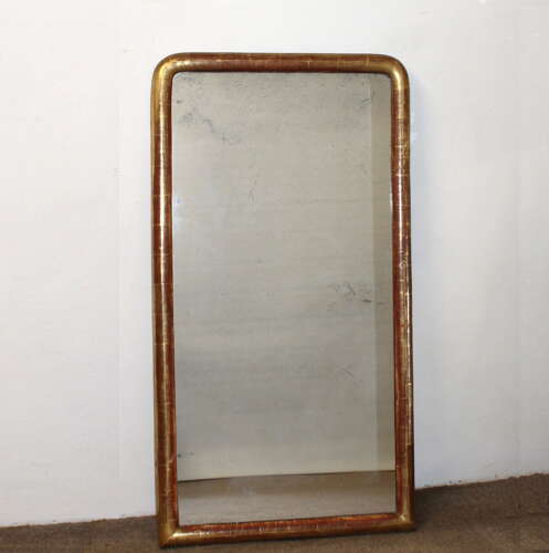 Narrow antique French archtop mirror with watergilt frame