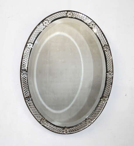 Antique oval Venetian mirror with criss-cross cut frame