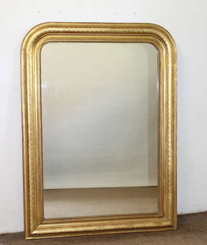 Antique French archtop mirror with etched criss-cross frame