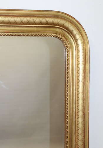 Antique French archtop mirror with etched criss-cross frame