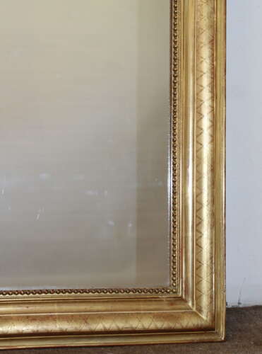 Antique French archtop mirror with etched criss-cross frame