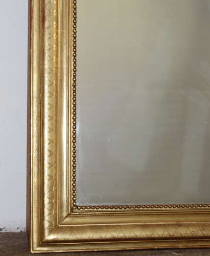 Antique French archtop mirror with etched criss-cross frame