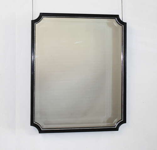 Bevelled 1940s mirror with ebonised and silverleafed frame