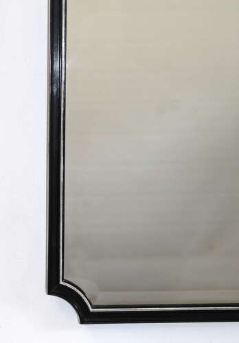 Bevelled 1940s mirror with ebonised and silverleafed frame